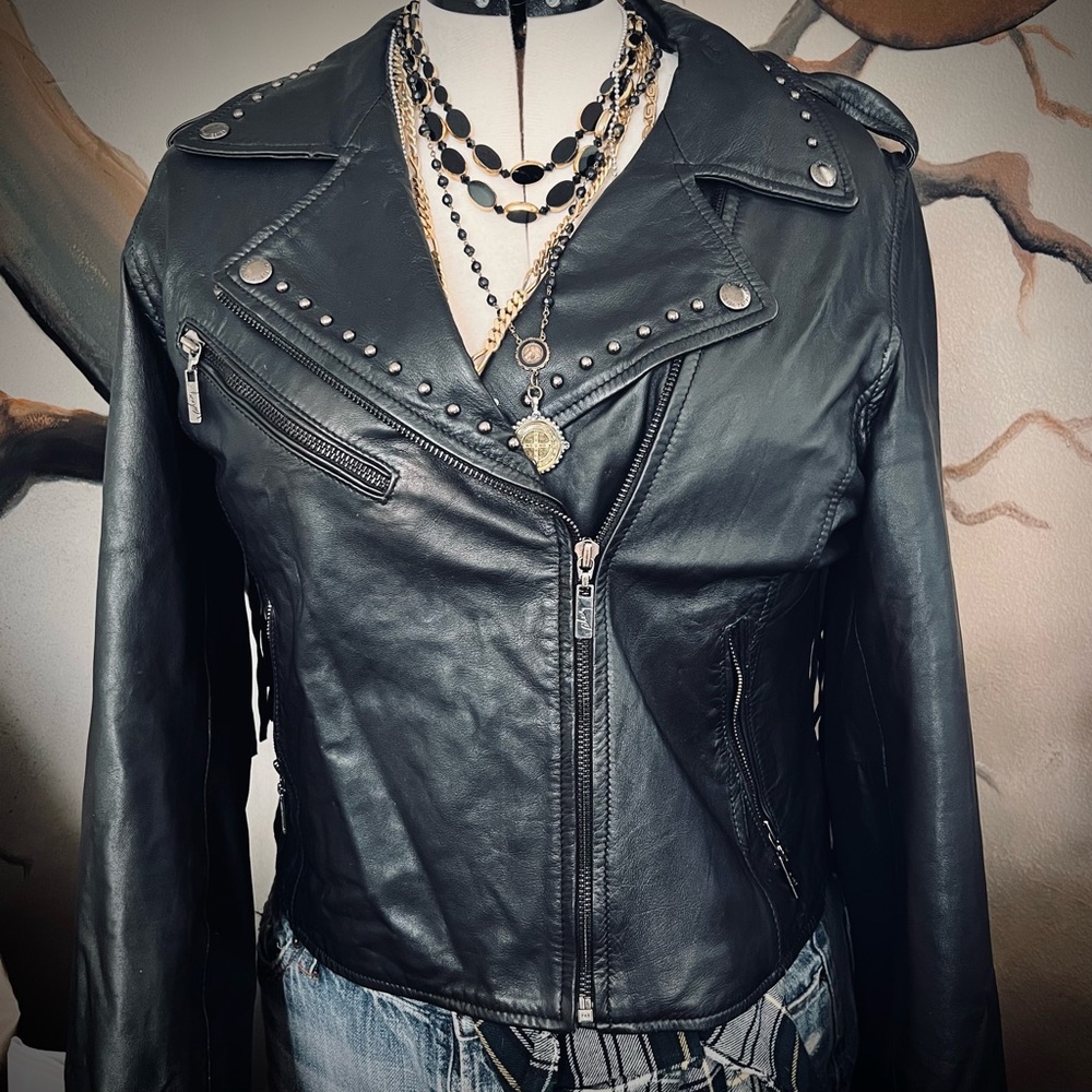 Leather Fringe Studded Motorcycle Jacket with Removable Fringe - Picture 4 of 17